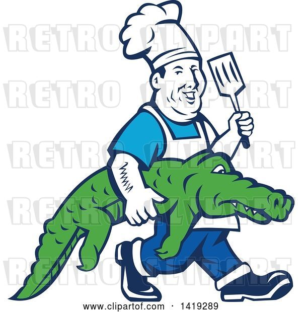 Vector Clip Art of Retro Chubby Male Chef Carrying an Alligator and Holding up a Spatula