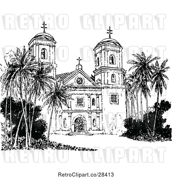 Vector Clip Art of Retro Church with Palm Trees