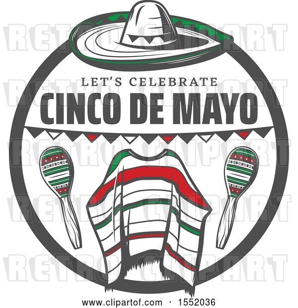 Vector Clip Art of Retro Cinco De Mayo Design with a Sombrero, Poncho and Maracas