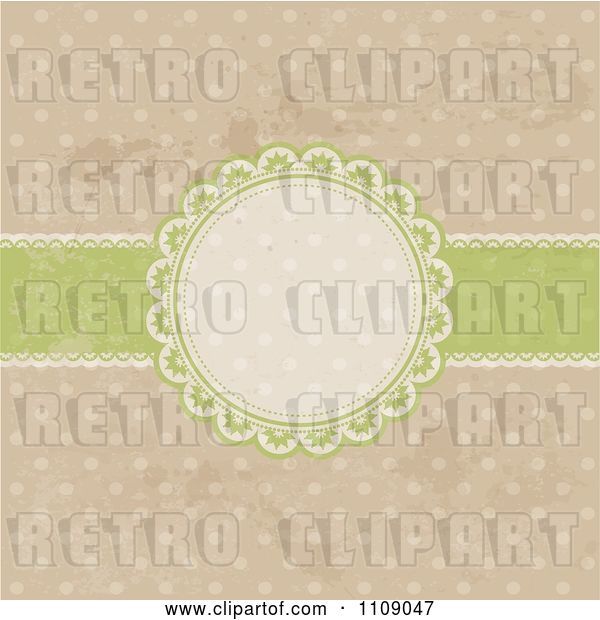 Vector Clip Art of Retro Circular Frame with a Green Ribbon on Grungy Polka Dots