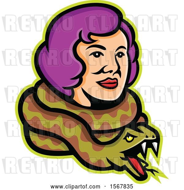Vector Clip Art of Retro Circus Freak Lady Snake Charmer with a Python Around Her Neck