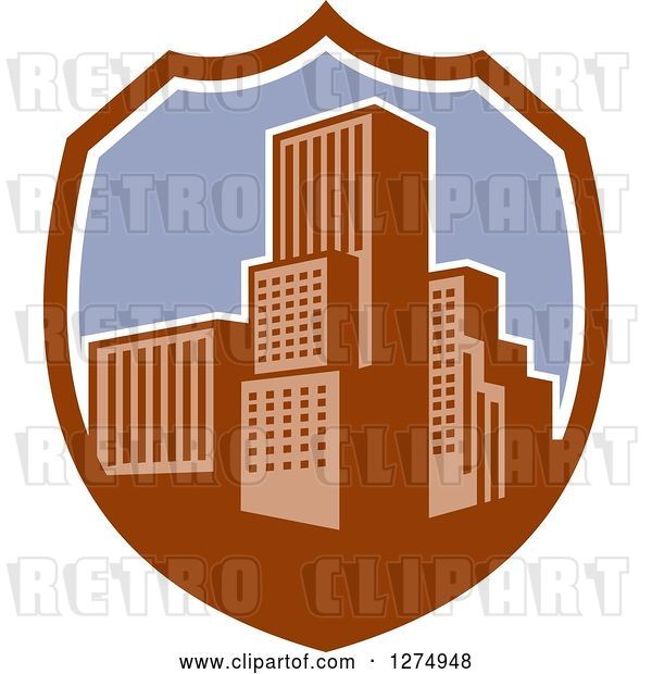 Vector Clip Art of Retro City in a Brown White and Purple Shield