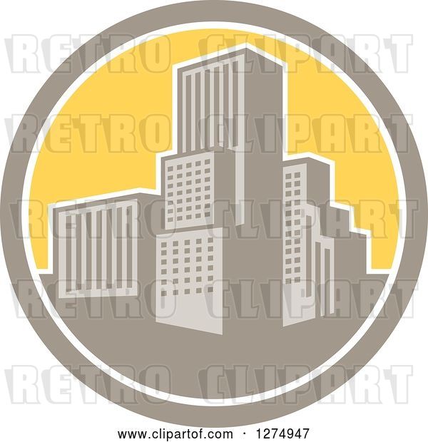 Vector Clip Art of Retro City in a Tan White and Yellow Circle