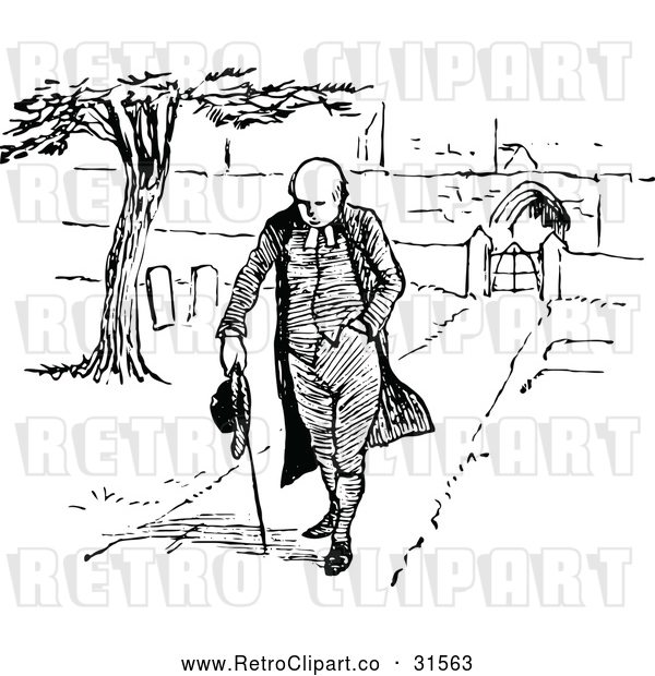 Vector Clip Art of Retro Clergyman Walking Through a Cemetery