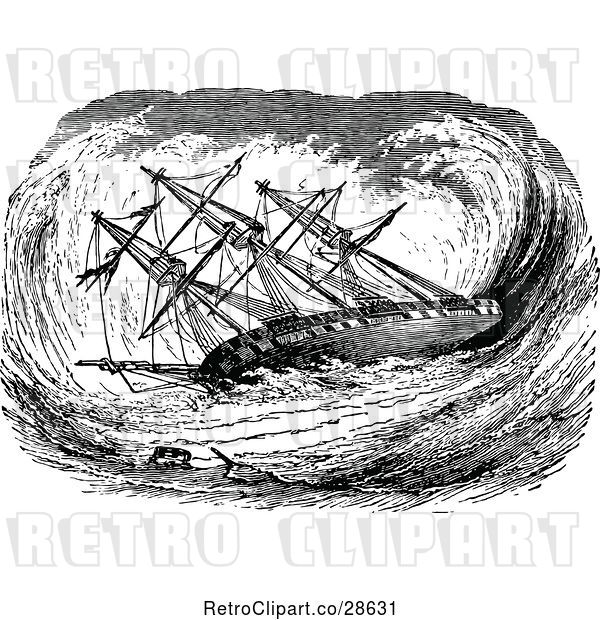 Vector Clip Art of Retro Clipart of a | Sea Storm Tossing a Ship| Royalty Free Vector Illustration