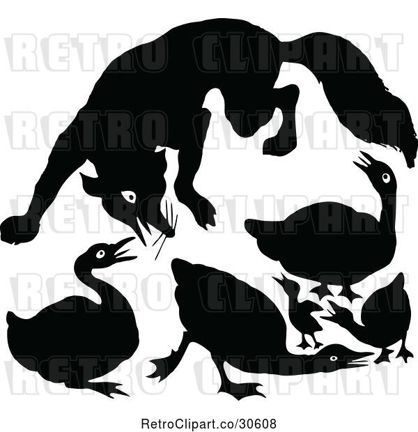 Vector Clip Art of Retro Clipart of a | Silhouetted Fox Attacking Geese Royalty Free Vector Illustration