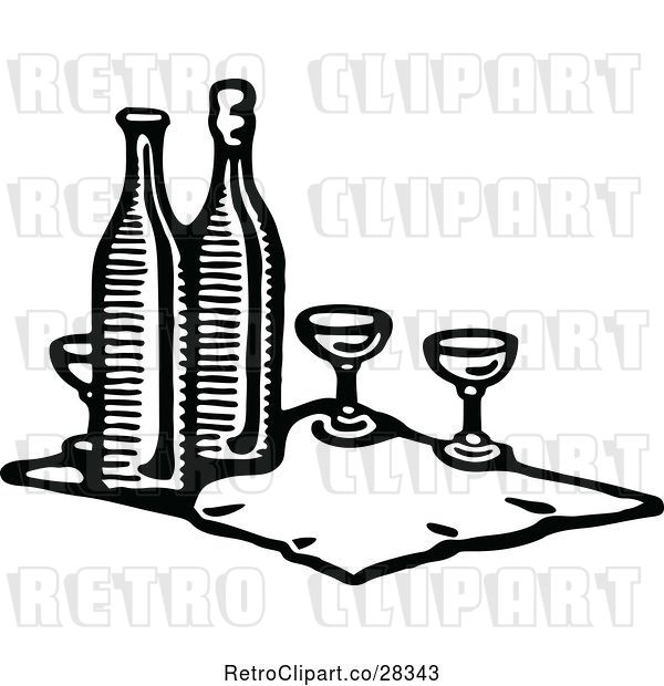 Vector Clip Art of Retro Cloth with Wine Bottles and Glasses