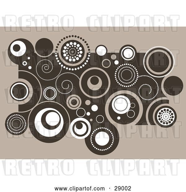 Vector Clip Art of Retro Cluster of Brown and White Swirls and Circles on a Beige Background