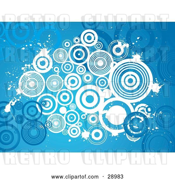 Vector Clip Art of Retro Cluster of White Circles and Splatters over a Blue Background with Blue Circles