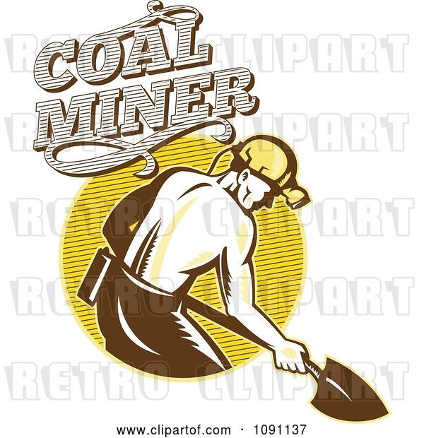 Vector Clip Art of Retro Coal Miner Digging with a Shovel and Text