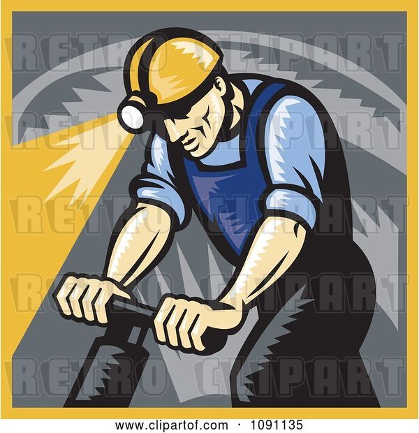 Vector Clip Art of Retro Coal Miner Drilling