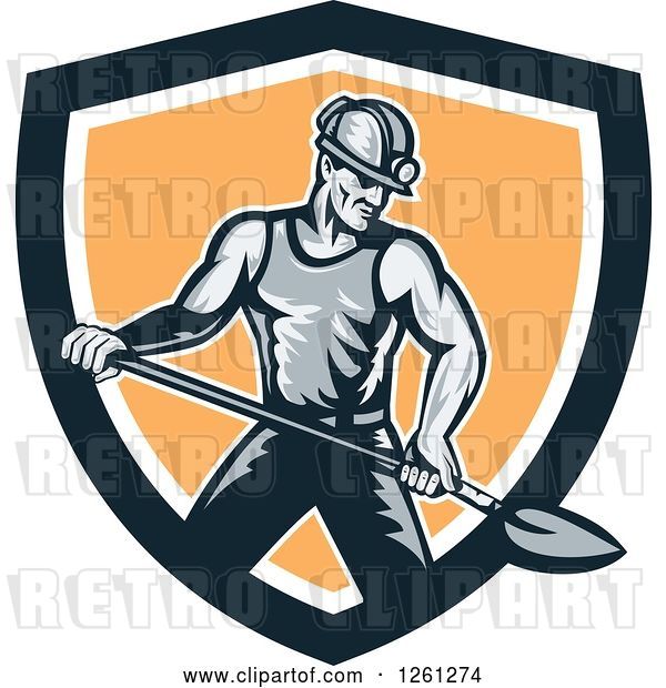 Vector Clip Art of Retro Coal Miner Guy Shoveling in a Black White and Orange Shield