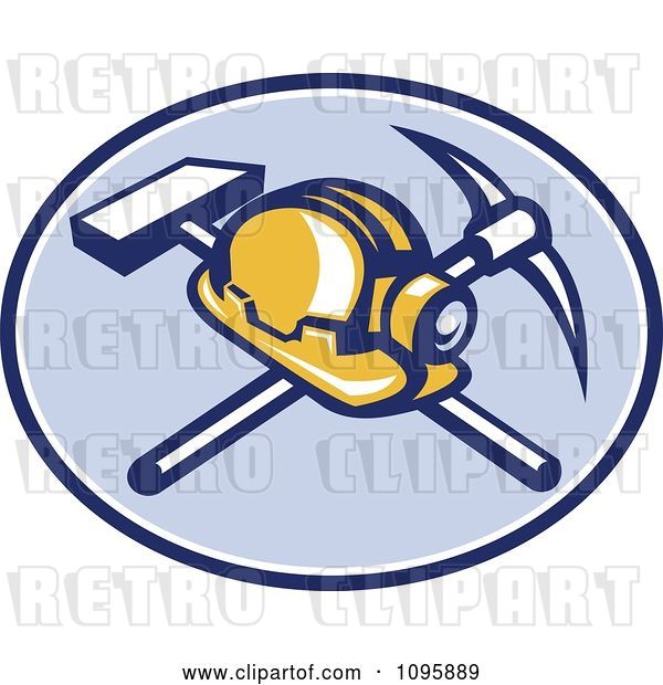 Vector Clip Art of Retro Coal Miner Hard Hat and Head Lamp with a Crossed Pickaxe and Sledge Hamme in a Blue Oval