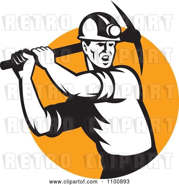 Vector Clip Art of Retro Coal Miner Swinging a Pick Ax over an Orange Circle