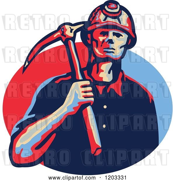 Vector Clip Art of Retro Coal Miner with a Hard Hat and Pick Axe over a Blue and Red Oval