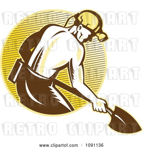 Vector Clip Art of Retro Coal Miner with a Shovel and Lined Circle