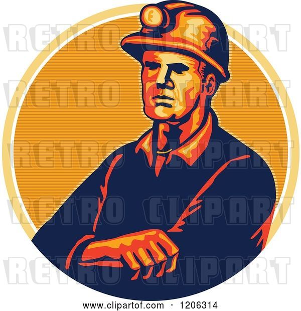Vector Clip Art of Retro Coal Miner Worker with Folded Arms and a Hard Hat over a Lined Circle