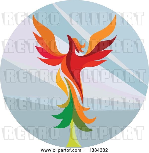 Vector Clip Art of Retro Colorful Flying Phoenix Bird over a Circle