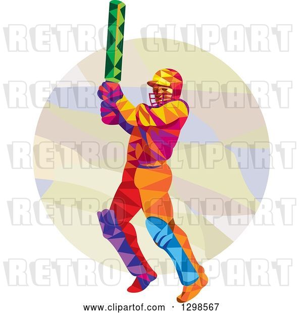 Vector Clip Art of Retro Colorful Low Poly Cricket Batsman over a Circle