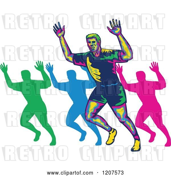Vector Clip Art of Retro Colorful Marathon Runner and Silhouettes Holding up Hands