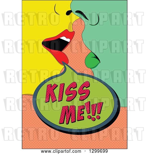 Vector Clip Art of Retro Colorful Pop Art Couple About to Kiss over Salmon Pink