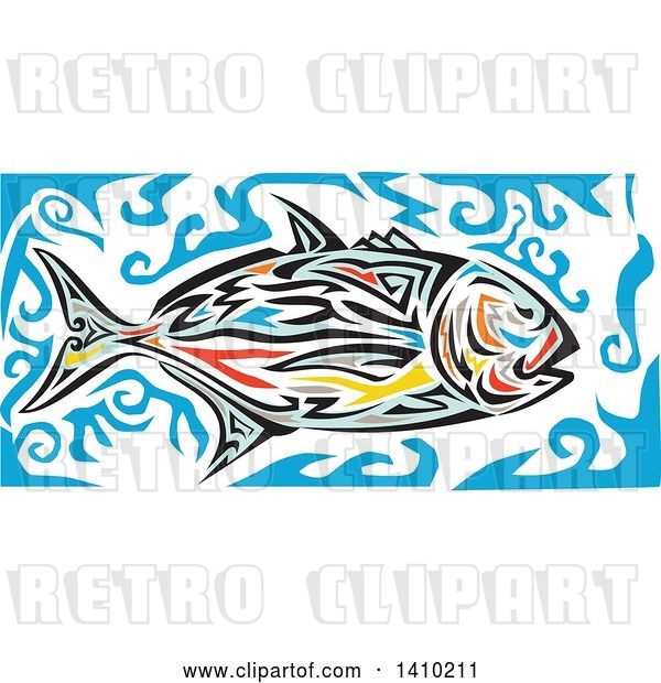 Vector Clip Art of Retro Colorful Tribal Art Style Giant Trevally Kingfish and Blue Water