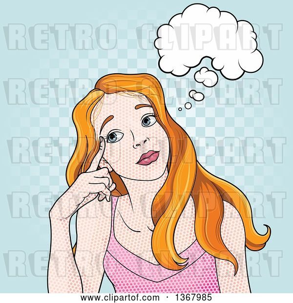 Vector Clip Art of Retro Comic Dot Styled Red Haired White Lady Touching Her Temple and Thinking, over Checkers