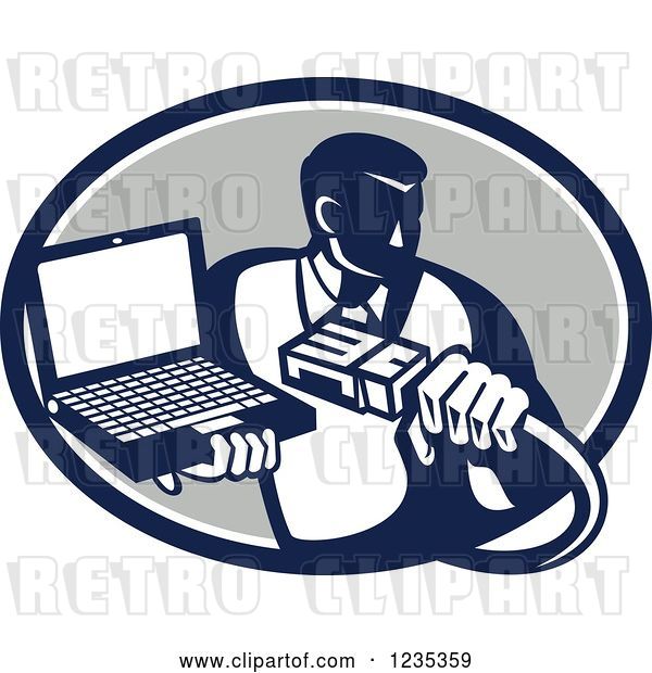Vector Clip Art of Retro Computer Repair Guy with a Cable and Laptop in a Gray Oval