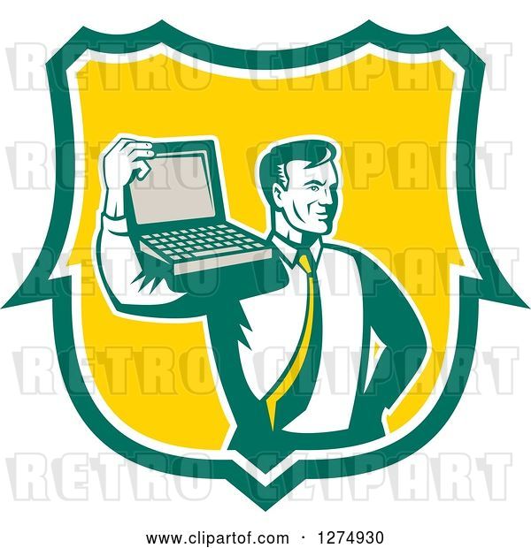 Vector Clip Art of Retro Computer Repair or Businessman with a Laptop on His Shoulder in a Green White and Yellow Shield