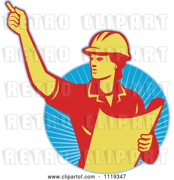 Vector Clip Art of Retro Construction Engineerwoman Directing and Holding Blueprints over Rays