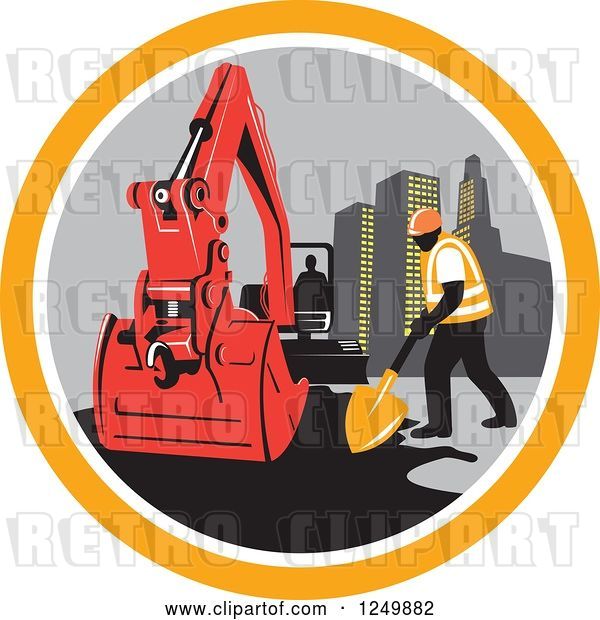 Vector Clip Art of Retro Construction Worker and Digger Machine in a Circle
