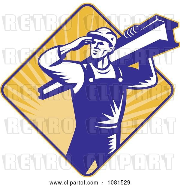 Vector Clip Art of Retro Construction Worker Carrying a Beam over a Diamond of Rays