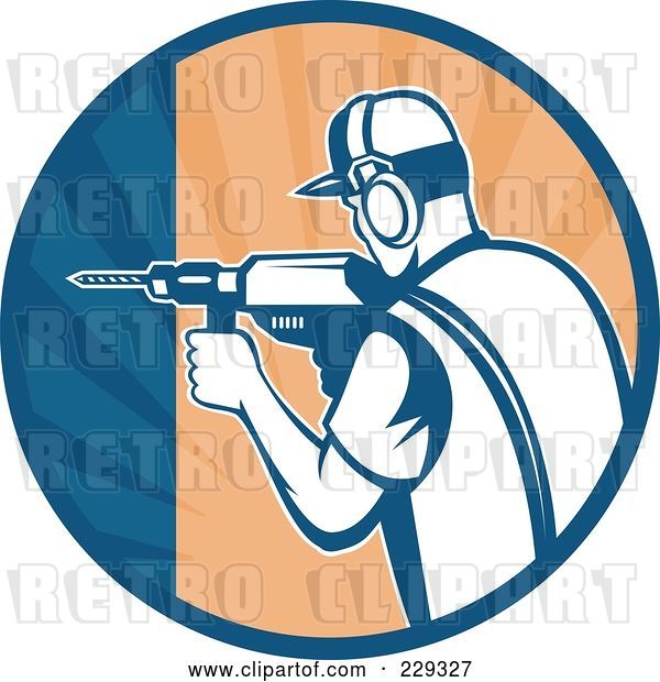 Vector Clip Art of Retro Construction Worker Drilling in a Circle