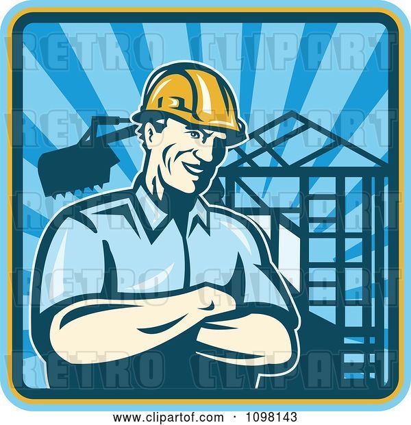 Vector Clip Art of Retro Construction Worker Foreman Smiling with Folded Arms with a Home Being Built in the Background
