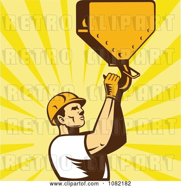 Vector Clip Art of Retro Construction Worker Grabbing a Hook over Rays