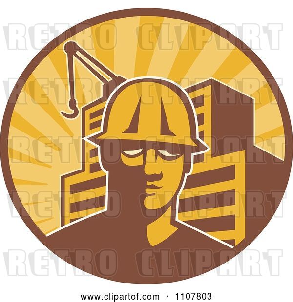 Vector Clip Art of Retro Construction Worker Guy in a Hardhat in a Circle with Rays a Building and Crane