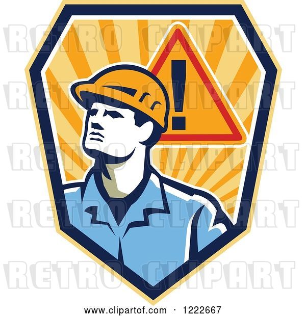 Vector Clip Art of Retro Construction Worker Guy with a Warning Sign over a Shield of Rays