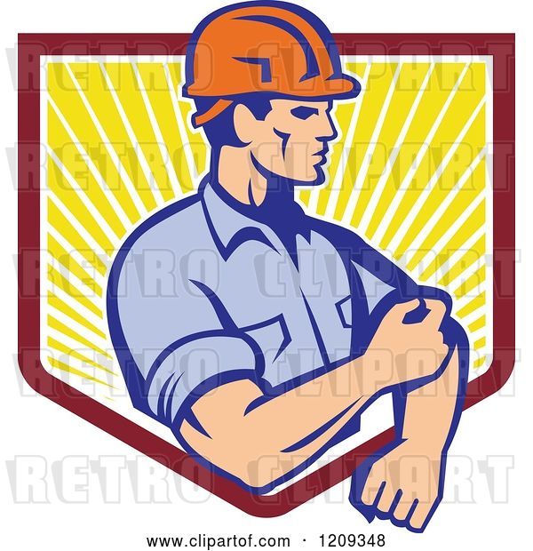 Vector Clip Art of Retro Construction Worker Rolling up His Sleeves over a Sunny Shield
