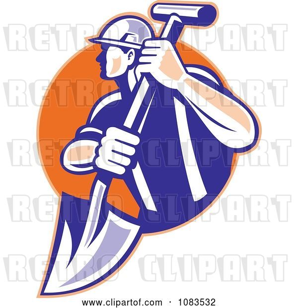Vector Clip Art of Retro Construction Worker with a Shovel