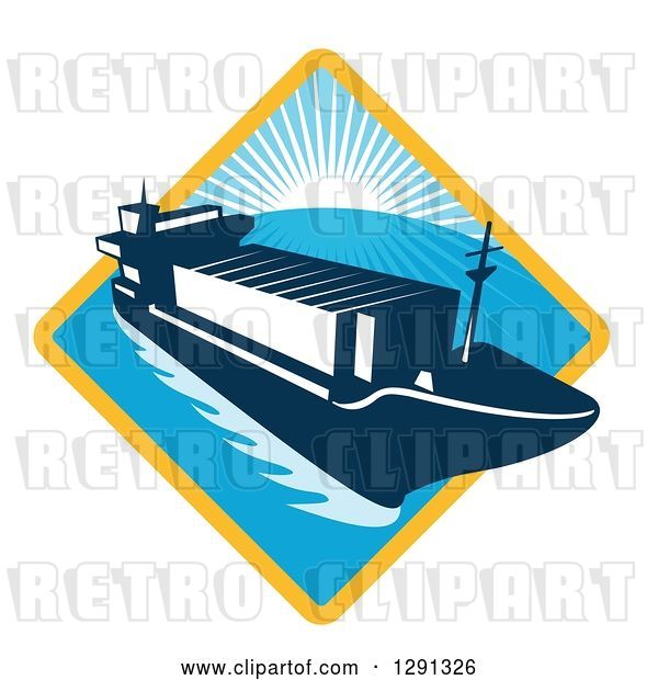 Vector Clip Art of Retro Container Cargo Ship Emerging from a Yellow and Blue Sunset and Ocean Diamond