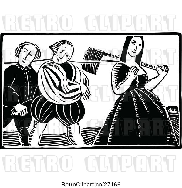 Vector Clip Art of Retro Controlling Lady with Captured Men
