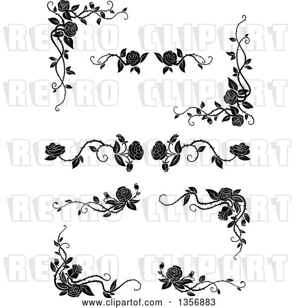 Vector Clip Art of Retro Corner Floral Rose Vine Border Design Elements