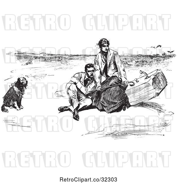 Vector Clip Art of Retro Couple and Dog on a Beach in