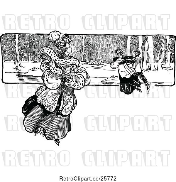 Vector Clip Art of Retro Couple and Lady Ice Skating
