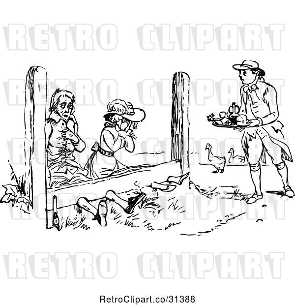 Vector Clip Art of Retro Couple Being Served Food in the Stocks