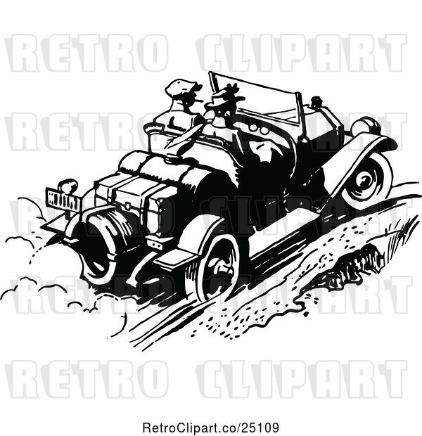 Vector Clip Art of Retro Couple Driving a Convertible Car