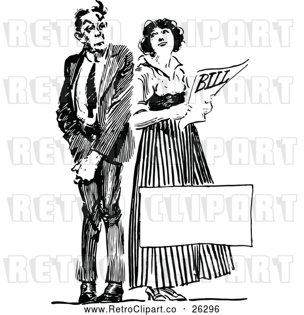 Vector Clip Art of Retro Couple Holding a Bill with Copyspace