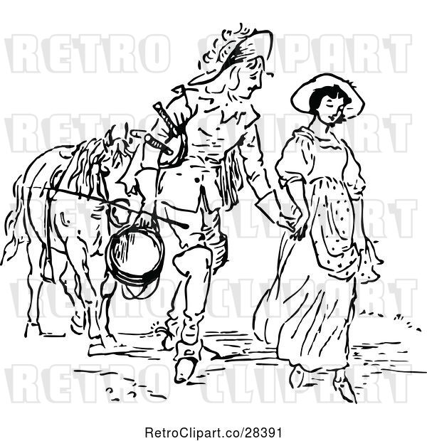 Vector Clip Art of Retro Couple Holding Hands and Leading a Horse