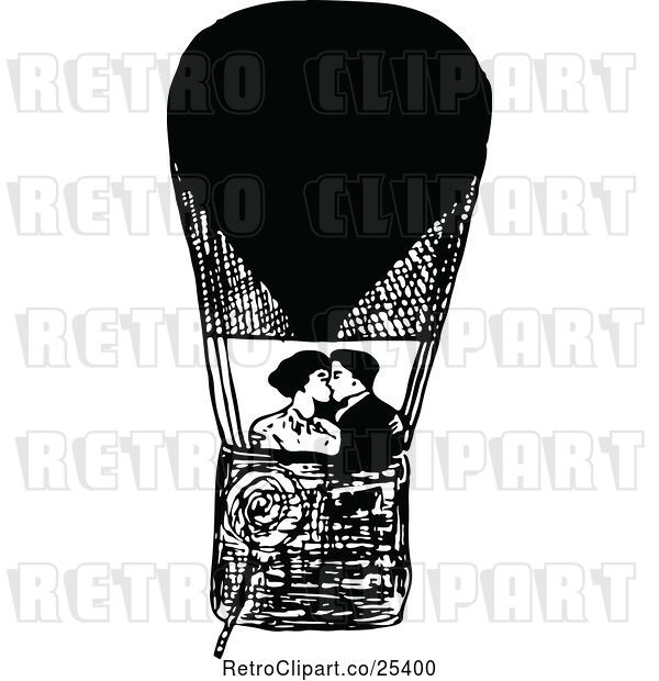 Vector Clip Art of Retro Couple Kissing in a Hot Air Balloon