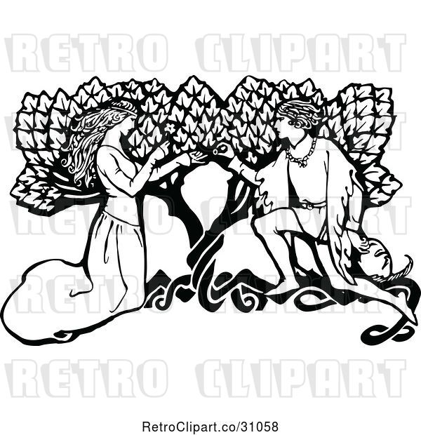 Vector Clip Art of Retro Couple Kneeling by a Tree